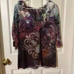 Colorful Sheer Blouse with Ruffle Detail